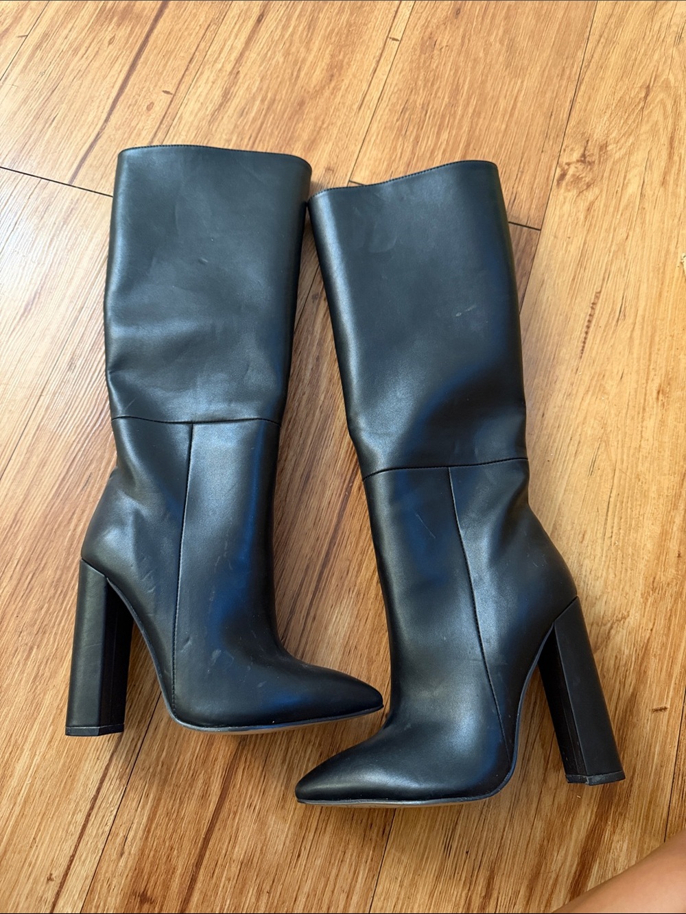 Classic Black High Heel Knee Boots — Sleek Women's Leather Look